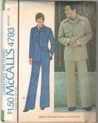 4793 MCCALLS 1975 UNLINED COLLAR JACKET, PANTS PATTERN 36" CHEST UNCUT
